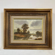 Load image into Gallery viewer, Antique Oil on Canvas, Landscape Boat on Lake Oil Painting In Decorative Gold Gesso Frame