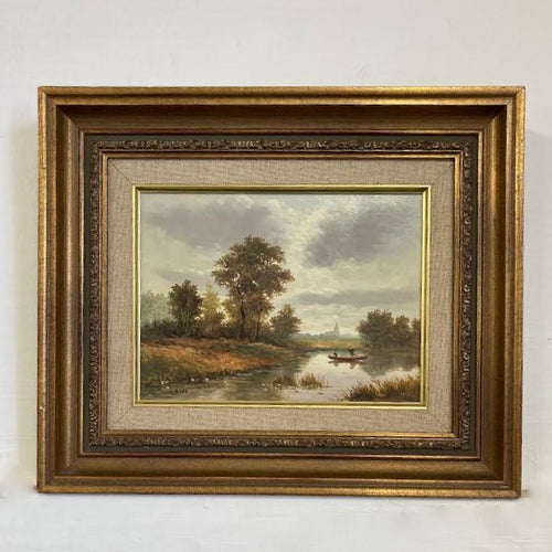 Antique Oil on Canvas, Landscape Boat on Lake Oil Painting In Decorative Gold Gesso Frame