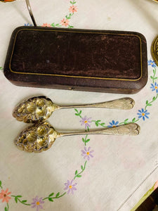 Antique Cased Pair Victorian Silver Plated Berry Serving Spoons, Circa 1890