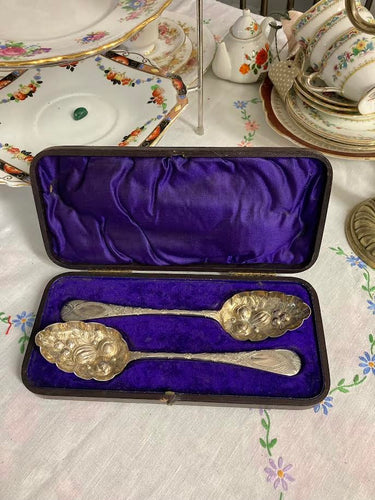Antique Cased Pair Victorian Silver Plated Berry Serving Spoons, Circa 1890