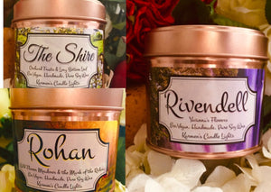 The Fellowship Collection, The Shire, Rivendell and Rohan 3 Large Candles 200ml Book inspired Candles, Tolkien Candles, Pure Soy Wax Candle