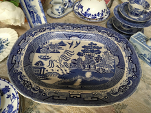 Load image into Gallery viewer, Antique Blue and White Pre Shelley, Blue Willow pattern Large Platter H. Wilema