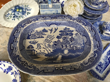 Load image into Gallery viewer, Antique Blue and White Pre Shelley, Blue Willow pattern Large Platter H. Wilema