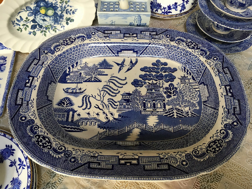 Antique Blue and White Pre Shelley, Blue Willow pattern Large Platter H. Wilema