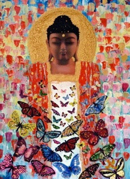 Original Abstract Oil Painting On Canvas Budhha Textured art Impasto Buddha Butterfly