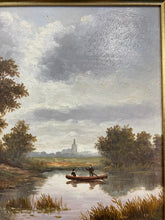 Load image into Gallery viewer, Antique Oil on Canvas, Landscape Boat on Lake Oil Painting In Decorative Gold Gesso Frame