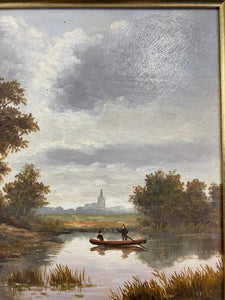 Antique Oil on Canvas, Landscape Boat on Lake Oil Painting In Decorative Gold Gesso Frame