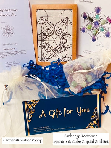 Metatron's Cube Crystal Grid Set with packaging and crystals on a white background