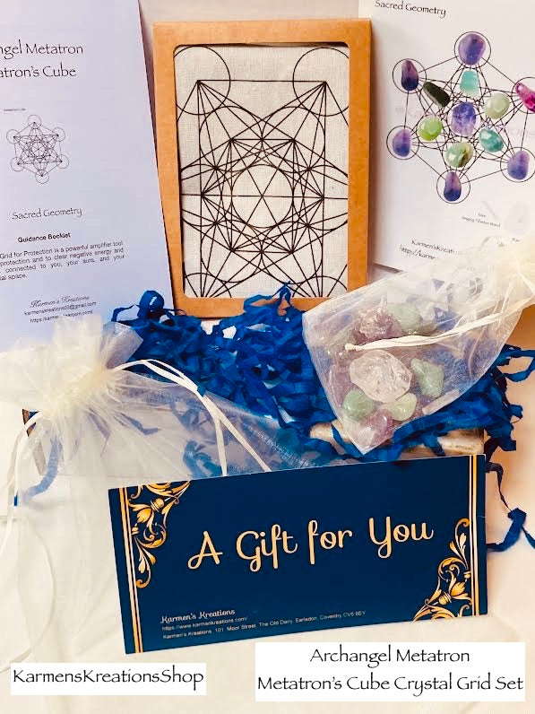 Metatron's Cube Crystal Grid Set with packaging and crystals on a white background
