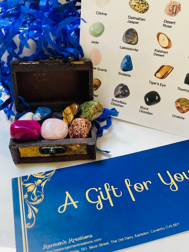 Miniature treasure chest with crystals, educational card, and 'A Gift for You' card 