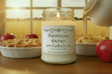 Load image into Gallery viewer, A jar candle labeled 'Farmhouse Kitchen’' by Karmen's Tea Room, made from pure soy wax.