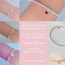 Load image into Gallery viewer, 925 Sterling Silver Birthstone Heart Charm Bracelet, Hallmarked