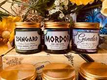 Load image into Gallery viewer, Bookish Candles, Tolkien Candle Gift Set, Gondor, Isengard, Mordor Candle, Book inspired Candles, Tolkien Candles, Pure Soy Wax Candle