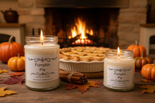 Load image into Gallery viewer, Pumpkin Pie candles by Karmen’s tearoom hand poured soy wax candles, gorgeous pumpkin pie, cosy cottage candles, autumn candles