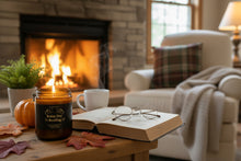 Load image into Gallery viewer, Candle jar labeled 'Rainy Day Reading' with gift box. Karmen’s Candle Lights. Bookish Candles UK