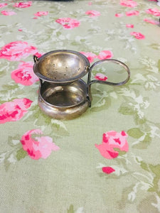 Vintage Silver Tea Strainer with Handle and Drip Pan Cup. Continental Swivel Tea Strainer with drip pan. Circa 1935