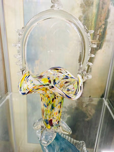 Murano Glass Speckled Basket, Murano 12 inch tall multi coloured basket with handle Murano basket glass art, Handblown Glass Sculpture.