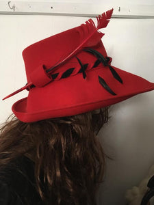 Vintage Red Hat 1970s Red hat feathers. Vintage Floppy Hat. Wool Floppy Hat