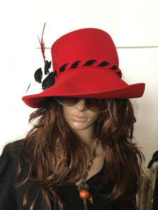 Vintage Red Hat 1970s Red hat feathers. Vintage Floppy Hat. Wool Floppy Hat