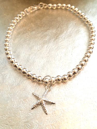 Large Sterling Silver Starfish Bracelet, 925 Sterling Silver Bead Bracelet