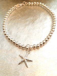 Large Sterling Silver Starfish Bracelet, 925 Sterling Silver Bead Bracelet