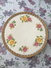 Load image into Gallery viewer, Large Charger Platter Cake Plate Yellow Pink Roses Gold Vintage c.1940s