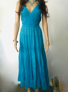 Vintage Maxi Blue Dress, 1970s Dress UK Size 14 Medium to Large