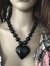 Load image into Gallery viewer, Vintage Necklace Stunning 1980s Chunky Black Bead Necklace, Black Heart chunky bead necklace Adjustable necklace