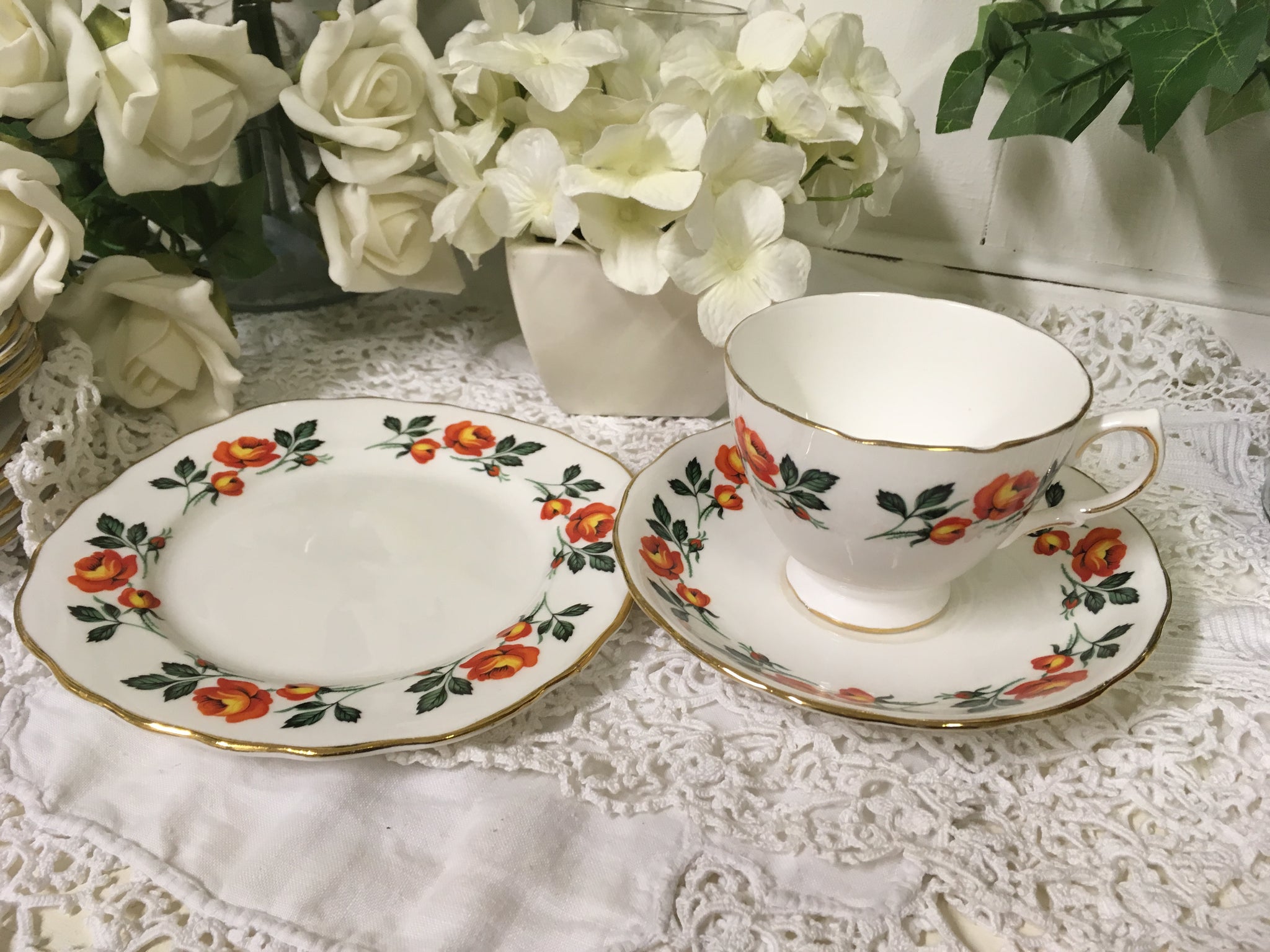 Crown Royal, vintage orange rose tea cup trio set. c.1930s – Cream Tea  Hampers