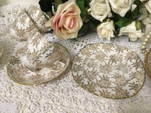 Load image into Gallery viewer, Roya Vale, Gold Floral with Filigree scalloped rims, vintage tea cup trio set. c.1960s