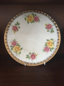Large Charger Platter Cake Plate Yellow Pink Roses Gold Vintage c.1940s