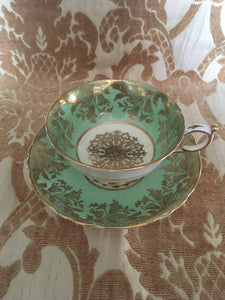 Paragon fine bone china,cup and saucer by appointment for HM Queen & HM Queen Mary c.1950s Green and Gold Floral with Filigree scalloped rim
