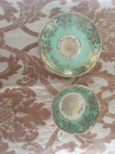 Load image into Gallery viewer, Paragon fine bone china,cup and saucer by appointment for HM Queen &amp; HM Queen Mary c.1950s Green and Gold Floral with Filigree scalloped rim