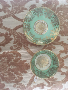 Paragon fine bone china,cup and saucer by appointment for HM Queen & HM Queen Mary c.1950s Green and Gold Floral with Filigree scalloped rim