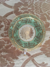 Load image into Gallery viewer, Paragon fine bone china,cup and saucer by appointment for HM Queen &amp; HM Queen Mary c.1950s Green and Gold Floral with Filigree scalloped rim