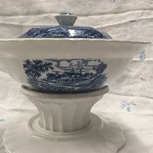 Load image into Gallery viewer, Blue and White Tureen by RIDGWAY STAFFORDSHIRE ENGLAND Country Cottage Scene Tableware Genuine Hand engraving Ironstone Meadowsweet Stamped