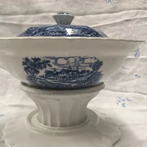 Blue and White Tureen by RIDGWAY STAFFORDSHIRE ENGLAND Country Cottage Scene Tableware Genuine Hand engraving Ironstone Meadowsweet Stamped
