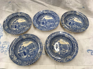 Blue and White transfer set Five Pudding Bowl set W R Midwinter 'Landscape' Blue and white fruit bowls dessert bowls
