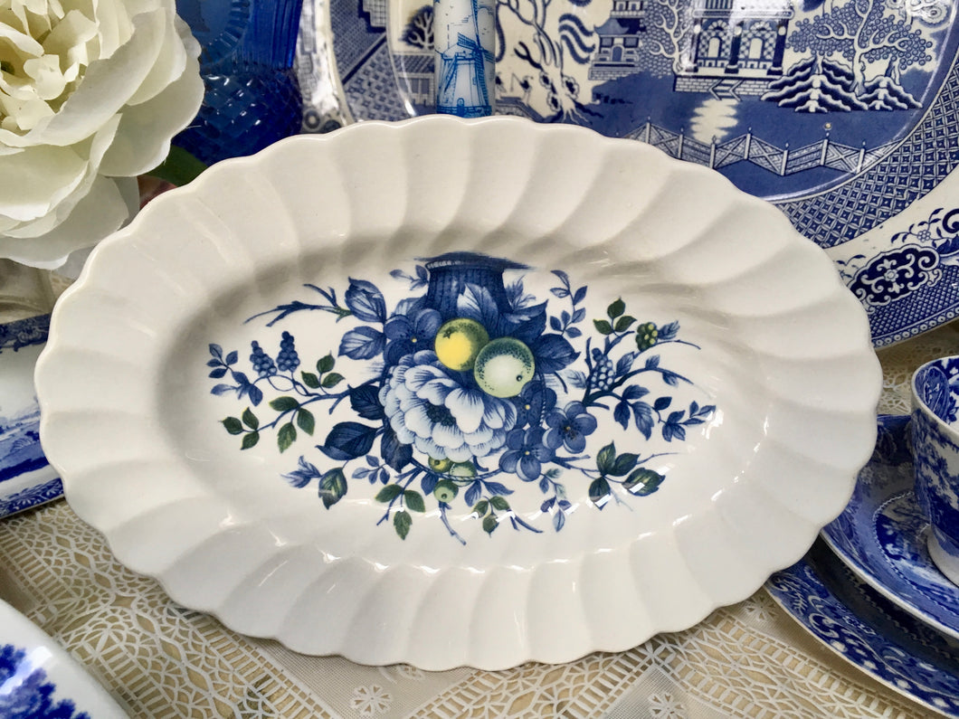 Myott, Claremont, Floral, Blue and white Ironstone oval dish.