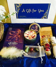 Load image into Gallery viewer, Aquarius Gift Set, with scroll, Aquarius Crystals, Soy Wax Candle, Sage Smudge Stick, Rose &amp; Lavender dream pillow, Feather by Karmen&#39;s Kreations