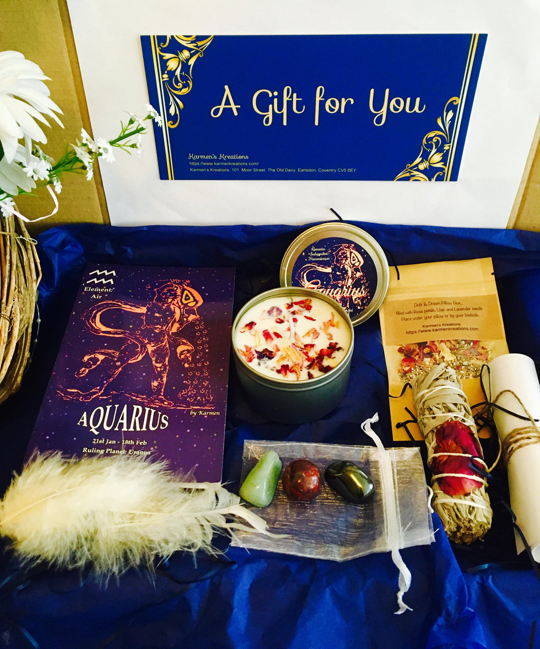 Aquarius Gift Set, with scroll, Aquarius Crystals, Soy Wax Candle, Sage Smudge Stick, Rose & Lavender dream pillow, Feather by Karmen's Kreations