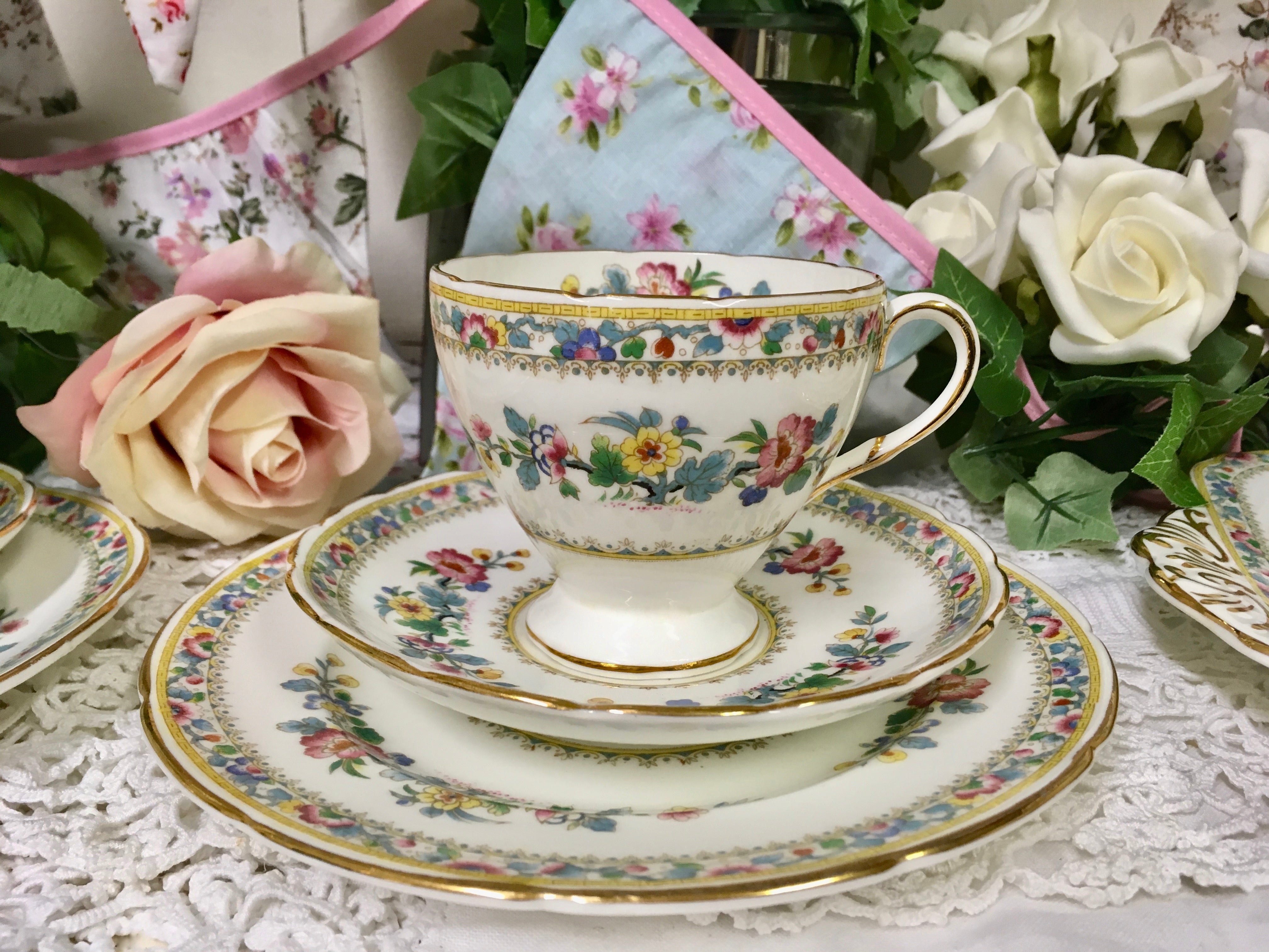 E B Foley Ming Rose pattern, tea cup trio set. c.1950s – Karmens