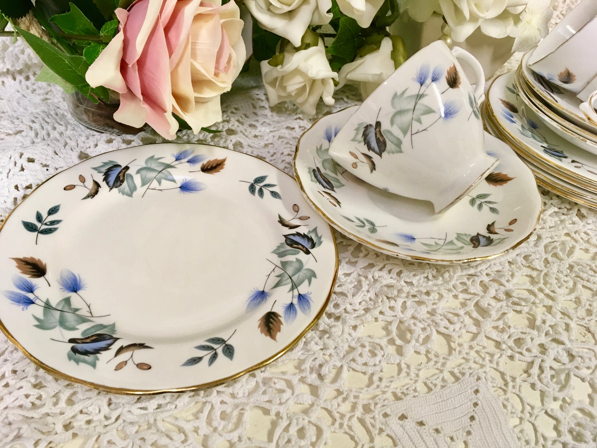 Colclough, Liden pattern, Crisp Blue Green Tea Cup Trio